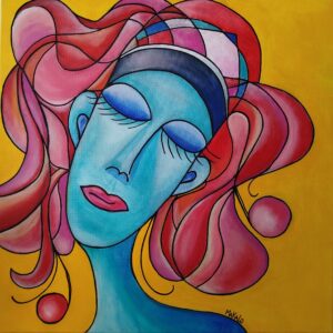 Portrait femme pop fond jaune 70x70